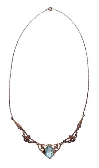Art Deco marcasite necklace: Art Deco sterling silver necklace with marcasites, faceted blue glass center stone, 17" long, unmarked, tests sterling, ca. 1920