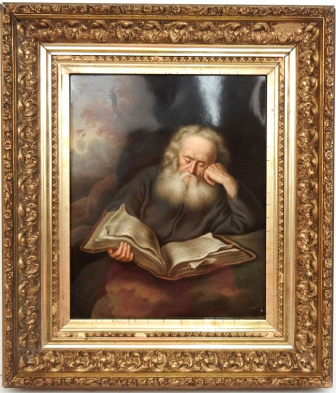 19th C. KPM porcelain plaque: 19th C. KPM porcelain plaque in gilt wood frame, elderly man reading a book, signed lower right (unreadable), signed on back "Charlotteâ€¦? ? Dresden?, Sept. 13th, 1873", impressed numbers on back