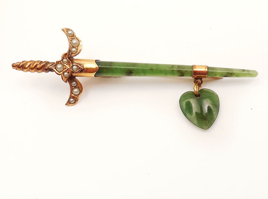 Gold jade sword pin: 14k gold and jade sword pin with jade heart and seed pearls, 2 1/2" long, unmarked, tests 14k, weight 3.3 grams/2.1 dwt