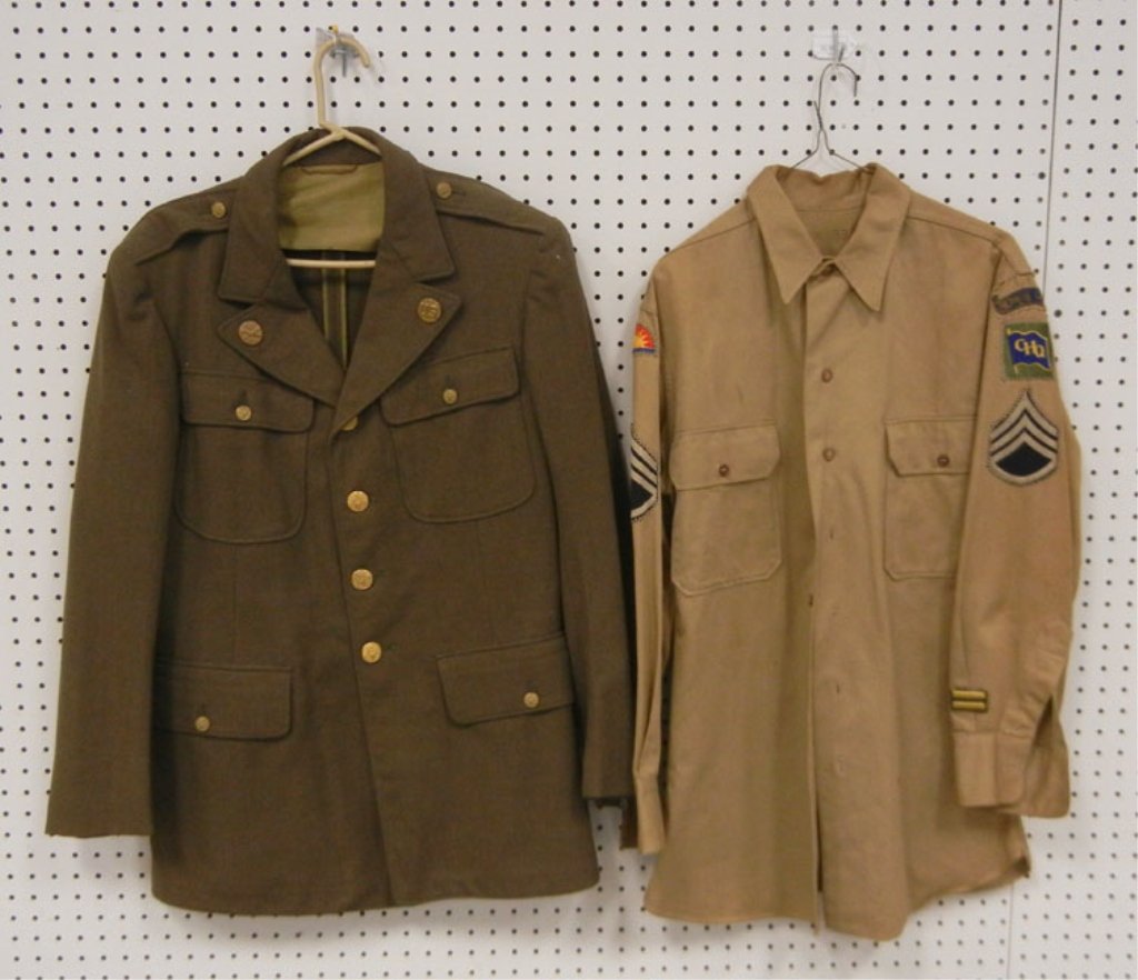 WWII and later U.S. Army wool jacket and shirt: WWII and later U.S. Army wool jacket and shirt, jacket has infantry buttons, shirt has several shoulder badges, including 41st Infantry Division, Staff Sergeant, MacArthur's Honor Guard, and a 2-bar i