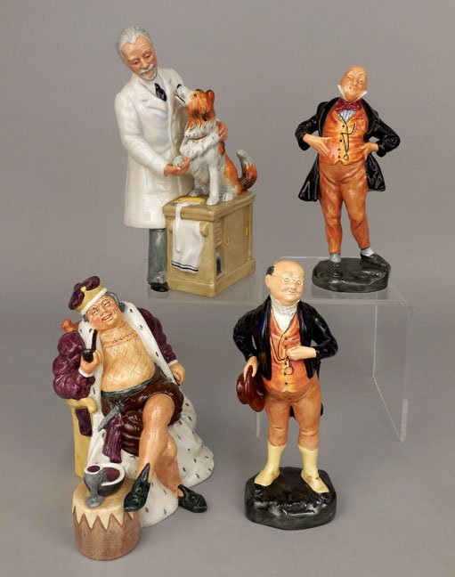 Four Royal Doulton figurines, 2731, 2217, 2097, and: Four Royal Doulton figurines, "Thanks Doc" H.N. 2731, 8 7/8" high, "Old King Cole" H.N. 2217, 6 1/2" high, "Micawber" H.N. 2097, 7 1/2" high, and "Pickwick" H.N. 2099, 7 1/2" high, all marked on botto