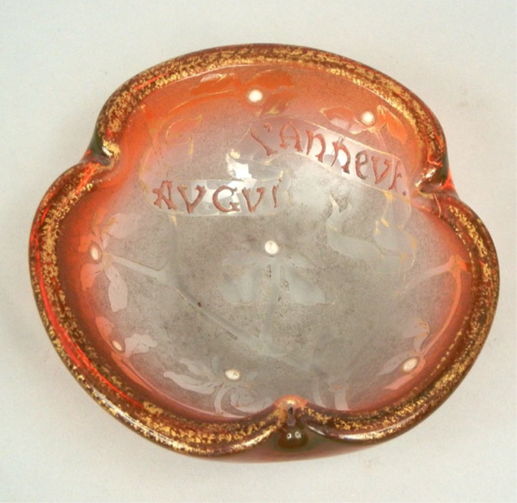 Daum Nancy ashtray: Daum Nancy ashtray, pink glass, gilt rim, "L'Annevi AVGVI" inside bowl, frosted cut to clear floral design, faint acid stamp Daum on bottom, 2" high x 5 3/4" across