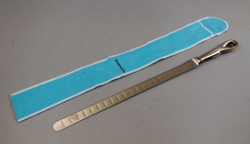 Tiffany Elsa Peretti sterling handled bread knife: Tiffany Elsa Peretti sterling silver handled bread knife, with bag, marked Peretti, T. & Co., Sterling, Italy, 1984, "Padova", 15 1/2" long