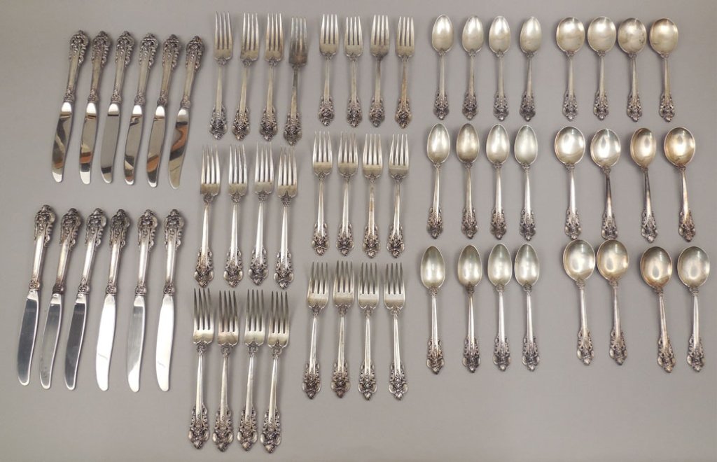 Wallace "Grand Baroque" sterling silver flatware set: Wallace "Grand Baroque" sterling silver flatware set, service for twelve, 60 pieces total, including 6" cream soup spoons, 6 1/4" teaspoons, 6 1/2" salad forks, 7 1/2" dinner forks, and 9" hollow hand