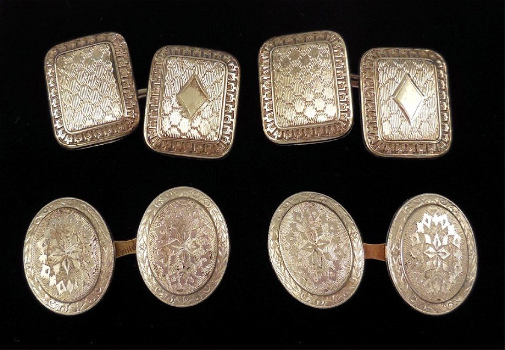 Two pair of gold cufflinks: Two pair of white gold cufflinks including one pair 14k with yellow gold backs, oval shape, 5/8" long x 1/2" wide, stamped Oni 14k, weight 3.3 grams/2.1 dwt; and one pair 10k, rectangular shape, 5/8"