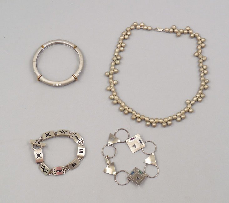 Modern sterling silver jewelry: Modern sterling silver grouping includes beaded necklace with matte finish, 15" long, and three bracelets including hinged bangle bracelet with clear stones, 6 1/2" inside circumference, 1/4" wide, an