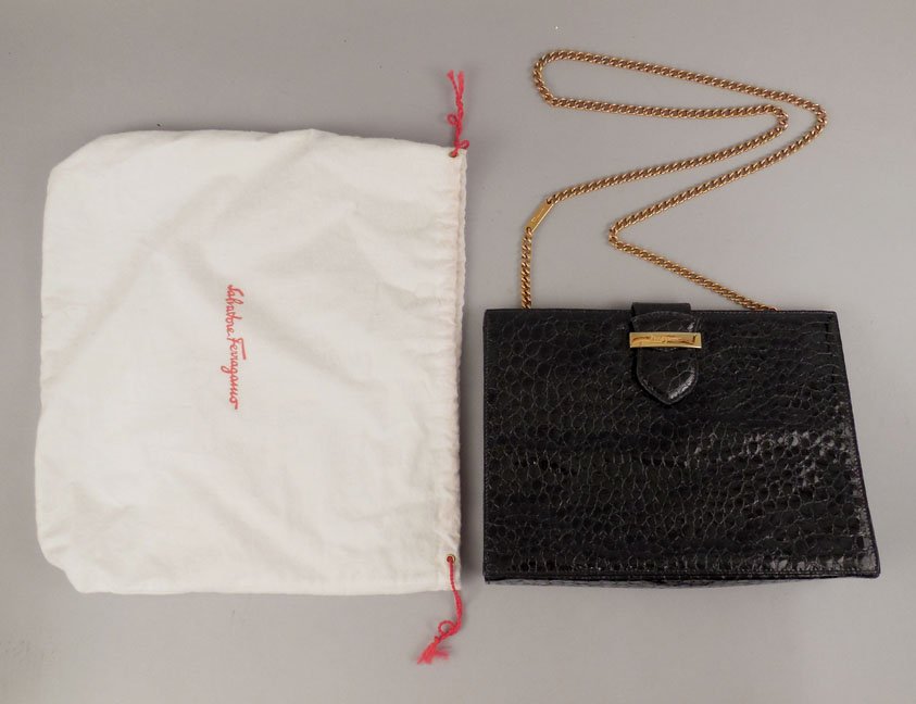 Vintage Ferragamo purse: Vintage Salvatore Ferragamo purse, black faux alligator, 10 1/2" long x 7 1/2" high, chain shoulder strap with 17 1/2" drop, tag inside "Salvatore Ferragamo Made in Italy P 21 2637", ca. 1980