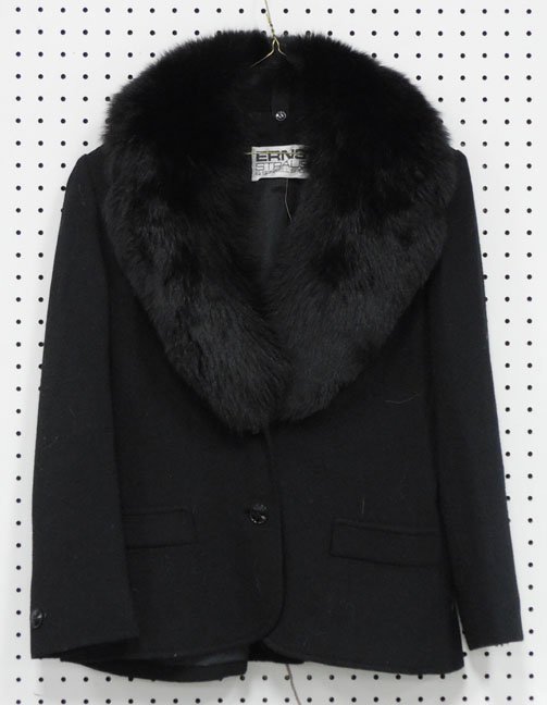 Ernst Strauss jacket: Ernst Strauss black wool jacket with black fox fur detachable collar, size 10, 25" long from collar to hem, 21" long from shoulder to cuff, label from Ernst Strauss & Schnell Sports, and 100% Wool lab