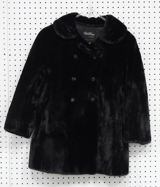 Vintage sheared fur jacket: Vintage sheared fur jacket, 27" long from collar to hem, 19" long from shoulder to cuff, size medium, double breasted rhinestone buttons, flowered sating lining, label from Phillip M. Stupp, Philadelp