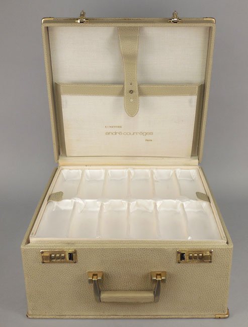 Andre Courreges salesman's case: Andre Courreges Paris salesman's case for Lunettes sunglasses, light gray faux elephant hide, four display trays, one pocket with designer's name, 15 1/2" long x 8" high x 14 3/4" deep, ca. 1960