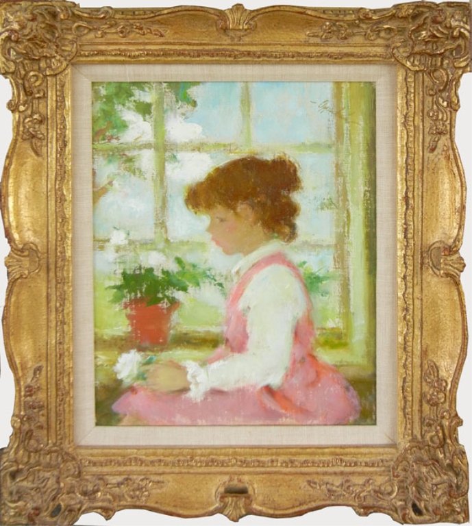(Samuel) (Edmund) Oppenheim oil on canvas: (Samuel) (Edmund) Oppenheim, oil on canvas, girl in a pink dress, signed upper right, 20th C. American, sight size 18" x 14", frame size 25" x 21", Oppenheim brochure from Fisher Galleries Washington 