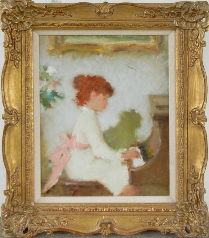 (Samuel) (Edmund) Oppenheim oil on canvas: (Samuel) (Edmund) Oppenheim, oil on canvas, girl at the piano, signed upper right, 20th C. American (1901-1992), sight size 18" x 14", frame size 25" x 21"