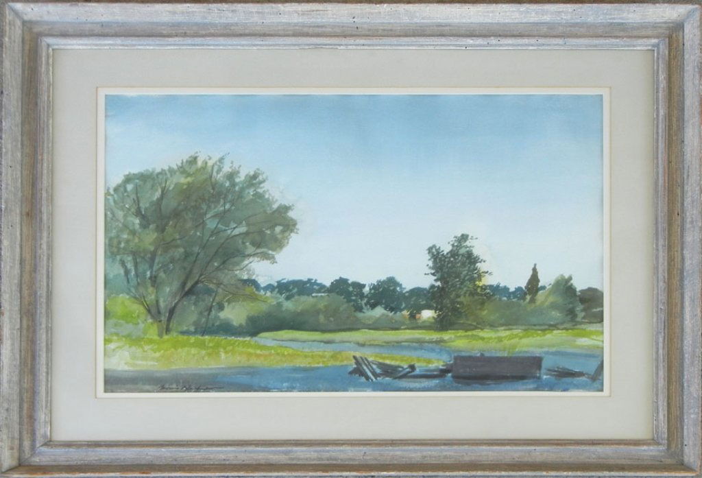 Morris Blackburn "Along the Maurice River" gouache on: Morris Blackburn gouache on paper "Along the Maurice River", signed lower left, 20th C. American (1902-1979), sight size 22" x 31", frame size 34" x 40", artist's label on verso