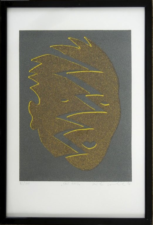 Kiki Kogelnik "Split Gold" silkscreen with glass dust: Kiki Kogelnik, silkscreen with glass dust, "Split Gold" Glitter Head, numbered 92/100, purchased at Berengo Gallery in Venice Italy, signed lower right in margin, 20th C. Austrian, sight size 19 1/2" 