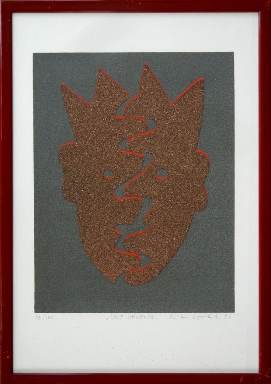 Kiki Kogelnik "Split Magenta" silkscreen with glass: Kiki Kogelnik, silkscreen with glass dust, "Split Magenta" Glitter Head, edition 98/100, purchased at Berengo Gallery in Venice Italy, signed lower right in margin, 20th C. Austrian, sight size 19 1/2