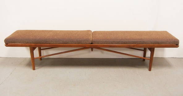 Finn Juhl Baker Mid C. Modern walnut bench: Finn Juhl Baker Mid C. Modern walnut bench, metal tag on bottom, 16" high x 87" x 18", with original fitted cushion*Please note we revised condition and added more pictures