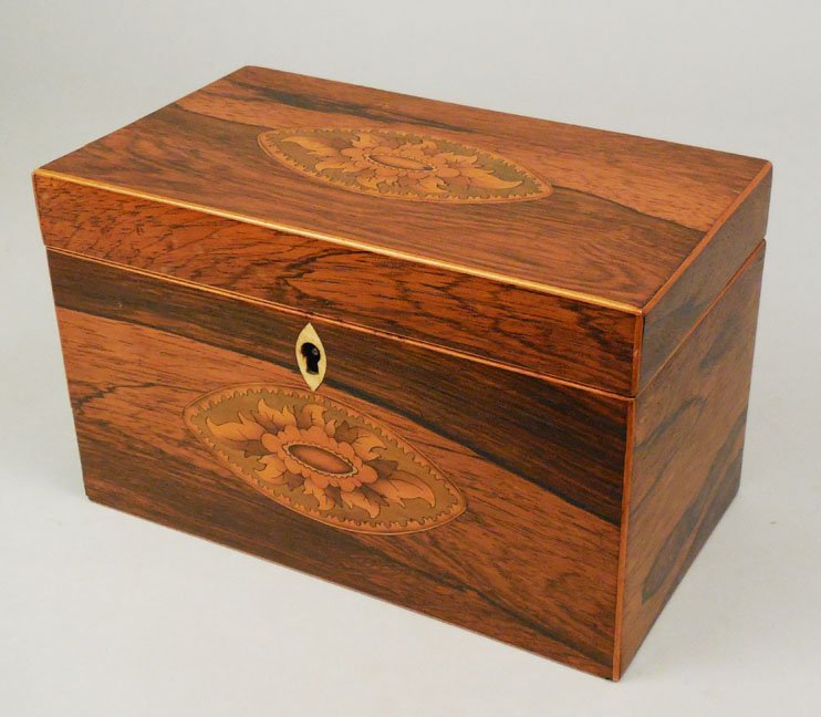 Inlaid English walnut tea caddy,: Inlaid English walnut tea caddy, foliate design on front and top, hinged lid, ivory escutcheon, two compartments with lids, 5" high x 8" across x 4 1/2" deep