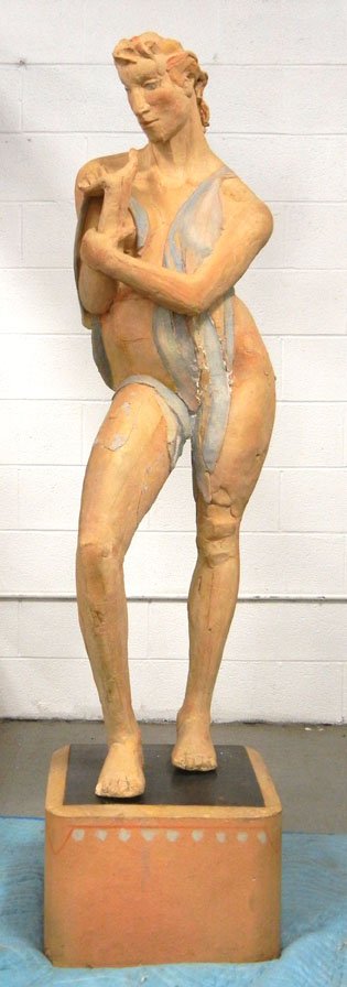 Terry Kreuzer-Hagstrom redware life size female sculptu: Terry Kreuzer-Hagstrom redware life size female sculpture, American 20th C., statue is approximately 4 1/2' tall, stands on an 11" square ceramic base