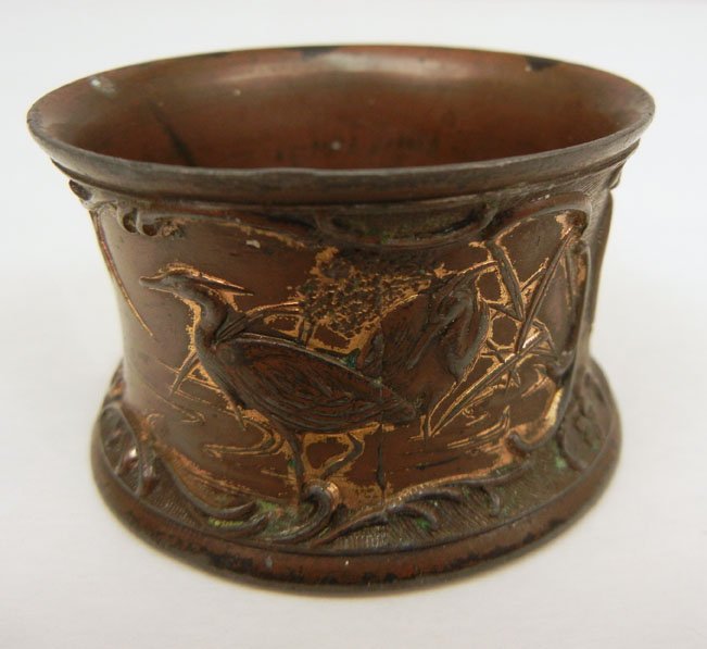 Victorian Aesthetic Movement napkin ring: Victorian Aesthetic Movement napkin ring, mixed metals, cranes and fish decoration, 1 1/4" high x 2" diameter