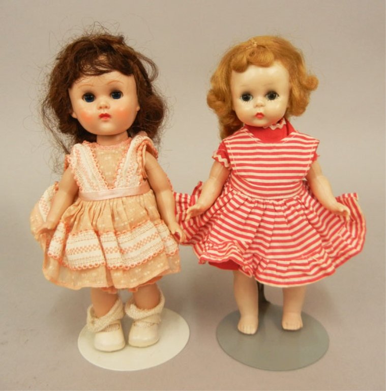 Vogue strung Ginny and Mme. Alexanderkin: Vogue strung Ginny and Madame Alexanderkin doll, 1950s hard plastic walker, blue sleep eyes, wearing an original tagged dress and pantaloons, with socks and shoes, marked on back, 7 1/2", and an Alexa