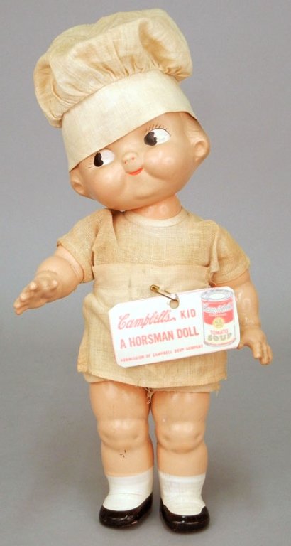 1930's-40's composition Campbell's Soup doll: 1930's-40's composition Campbell's Soup doll by Horsman, with painted features, molded and painted socks and shoes, wearing chef's cap, outfit, and apron, 12 1/2" high