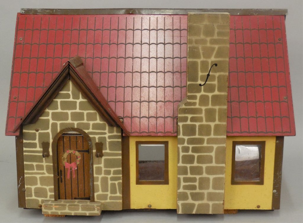 1950's Ideal Home doll house: 1950's Ideal Home doll house, wood and steel, with retro shag carpet, partial label on top of chimney "Ideal Home Trademark", 16 1/4" high x 22" across x 11 1/2"