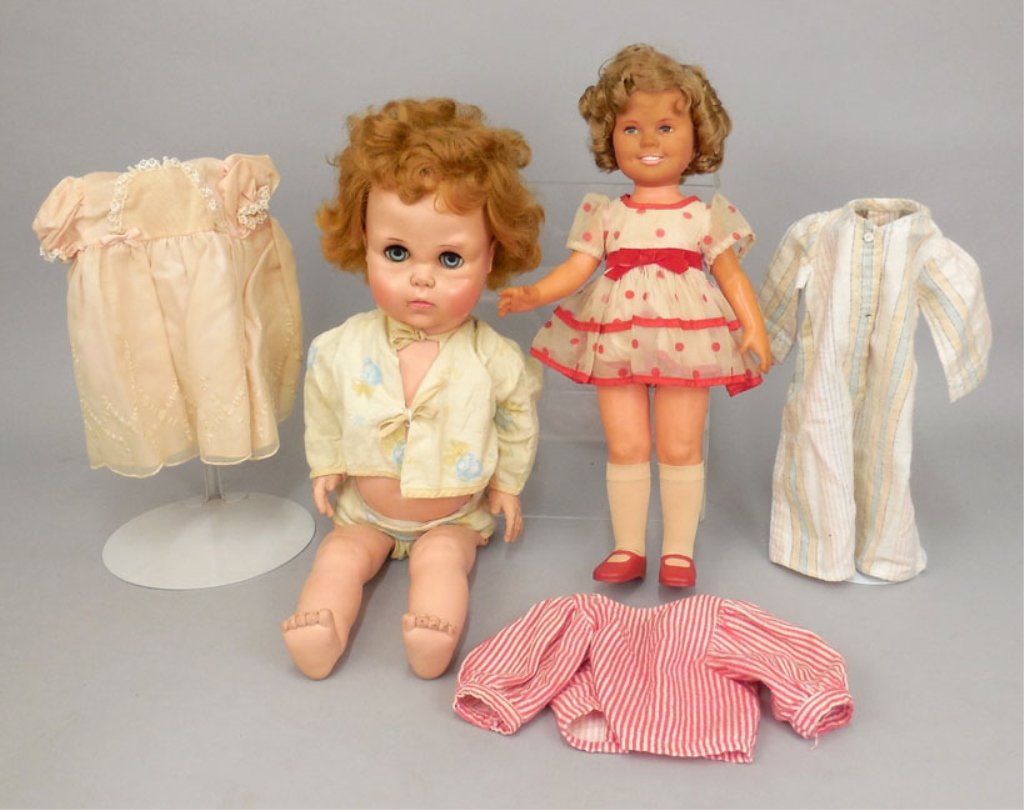 Ideal Shirley Temple and an American Character Baby Sue: Ideal Shirley Temple and an American Character Baby Sue, 1972 Ideal Shirley Temple doll, vinyl head and rubber body, painted features, applied upper lashes, wearing dress, underwear, socks and shoes,