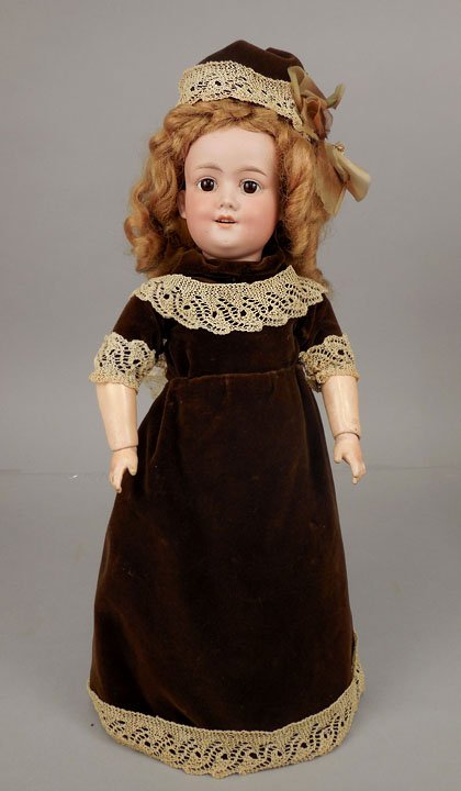 Armand Marseille Baby Betty bisque head doll: Armand Marseille Baby Betty bisque head doll, 17", bisque socket head with composition jointed body, brown glass stationary eyes, painted upper and lower lashes, painted feathered eyebrows, open mouth