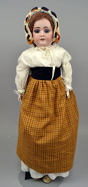 L.H.B. German bisque shoulder head doll: L.H.B. German bisque shoulder head doll, kid riveted body, bisque lower arms and hands, blue glass stationary eyes, painted upper and lower lashes, painted eyebrows, open mouth with four upper teeth, 