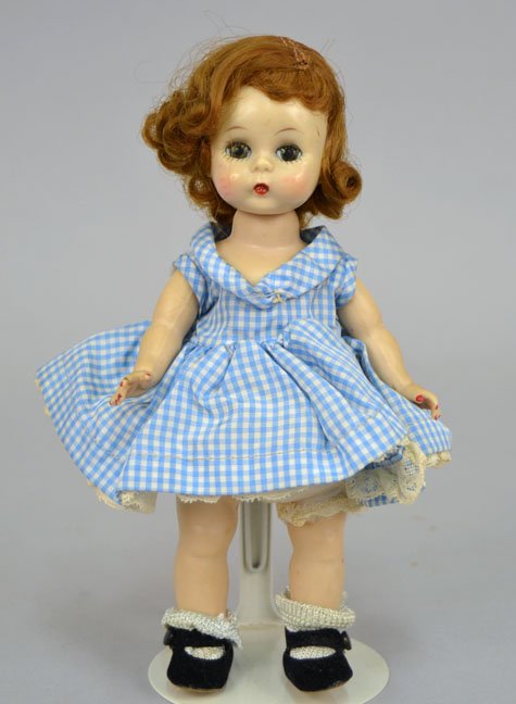 Alexanderkin straight leg walker: 1950's Alexanderkin straight leg walker, Madame Alexander, hard plastic, original dress, 7 1/2" tall