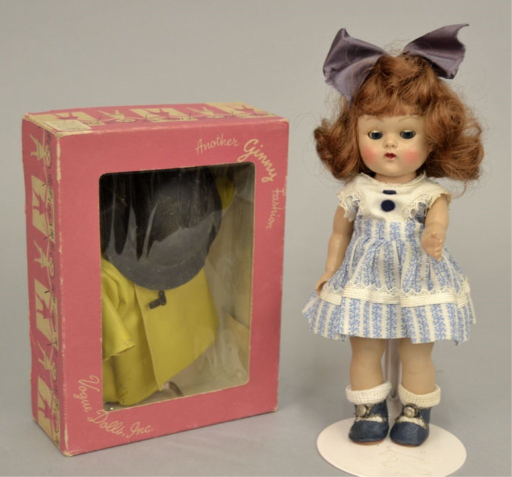 1952 Vogue strung Ginny "Donna": 1952 Vogue strung Ginny "Donna", 8" hard plastic, all original, with bow stapled in hair, with an additional outfit in box, rain slicker with hat, shoes, and glasses