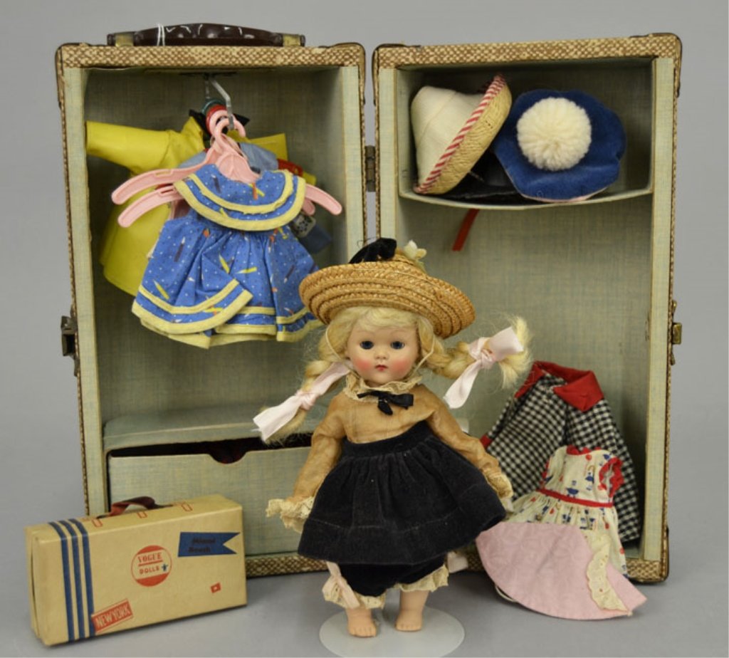 1952/53 Vogue Ginny Rich Aunt tweed trunk set: 1952/53 Vogue Ginny Rich Aunt tweed trunk set, with strung Ginny, 7" hard plastic, additional outfits and accessories, trunk measures 12 1/2" x 6" x 6"