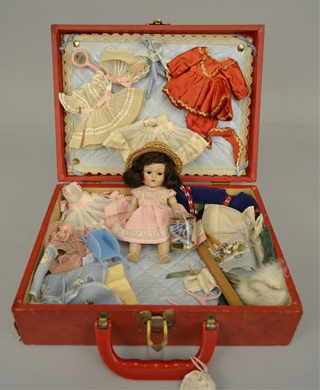 1952/53 Vogue Ginny Rich Uncle trunk set: 1952/53 Vogue Ginny Rich Uncle trunk set, with strung Ginny, 7" hard plastic, additional outfits and accessories, harder to find, trunk measures 12" x 9" x 3 3/4"