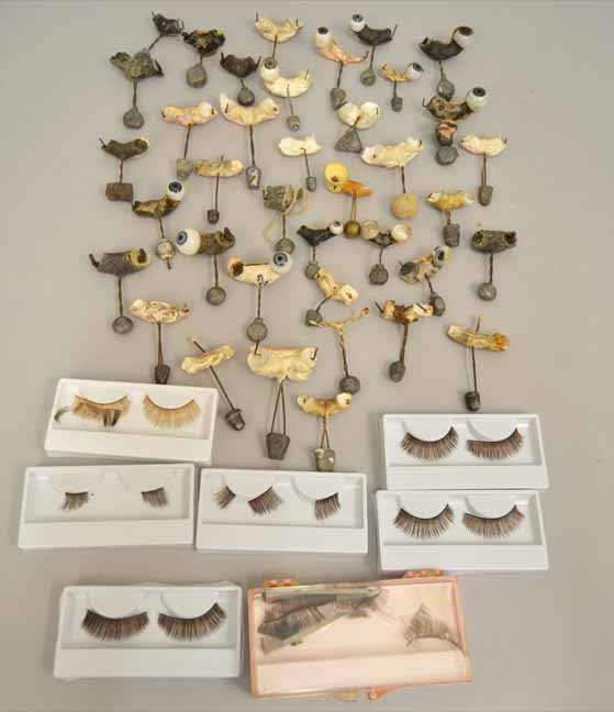 Grouping of assorted bisque eye rockers, lashes: Grouping of assorted antique bisque eye rockers and other misc. eyes, and lashes