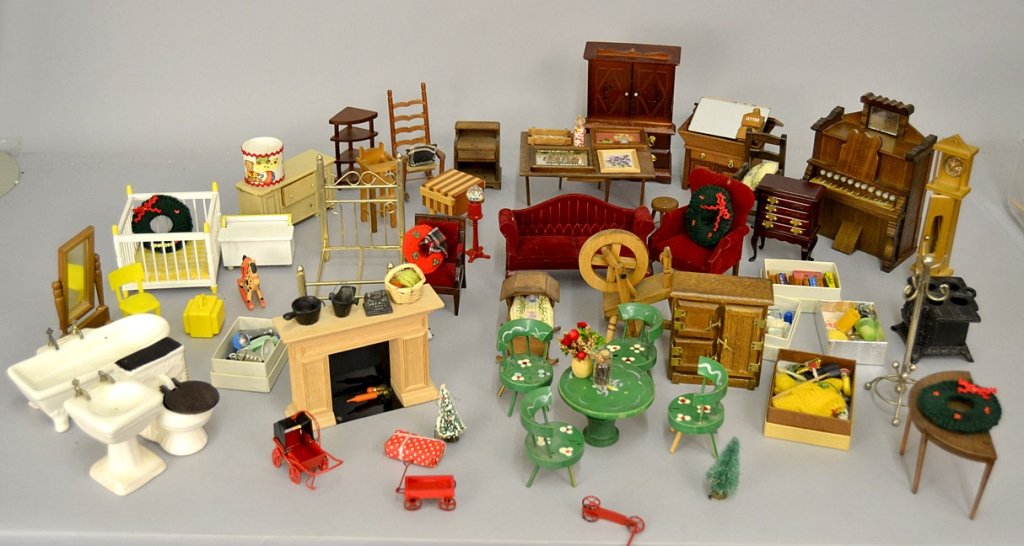 Large collection of doll house furniture: Large collection of doll house furniture, including parlour set, green painted kitchen set, butcher block table, fireplace, tables, dry sink, rockers, piano, bed, silver chest, mirrors, fridge, porcel