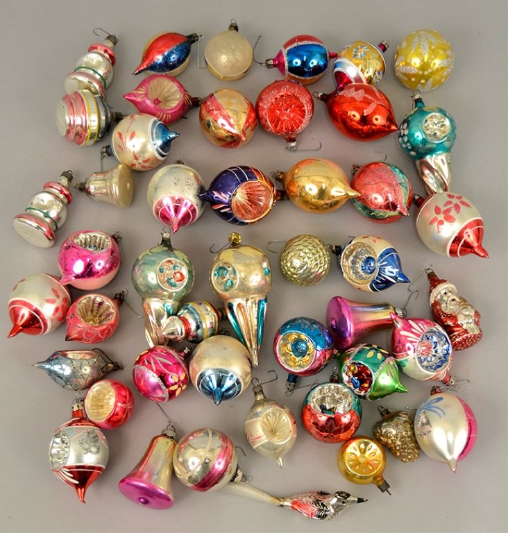 Grouping of 1950's Christmas balls: Grouping of 1950's Christmas balls, some are hand painted, bird, grape bunch, bell shaped, indented ones, and Santa