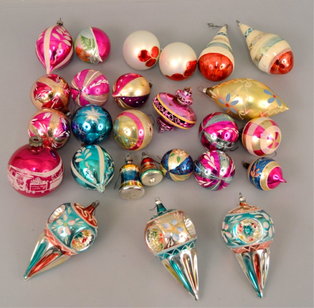 Grouping of vintage glass Christmas ornaments: Grouping of vintage glass Christmas ornaments, including one with a Merry Christmas train painted on it, bell shaped, one with holly and berries in open work, hand painted, 25 total