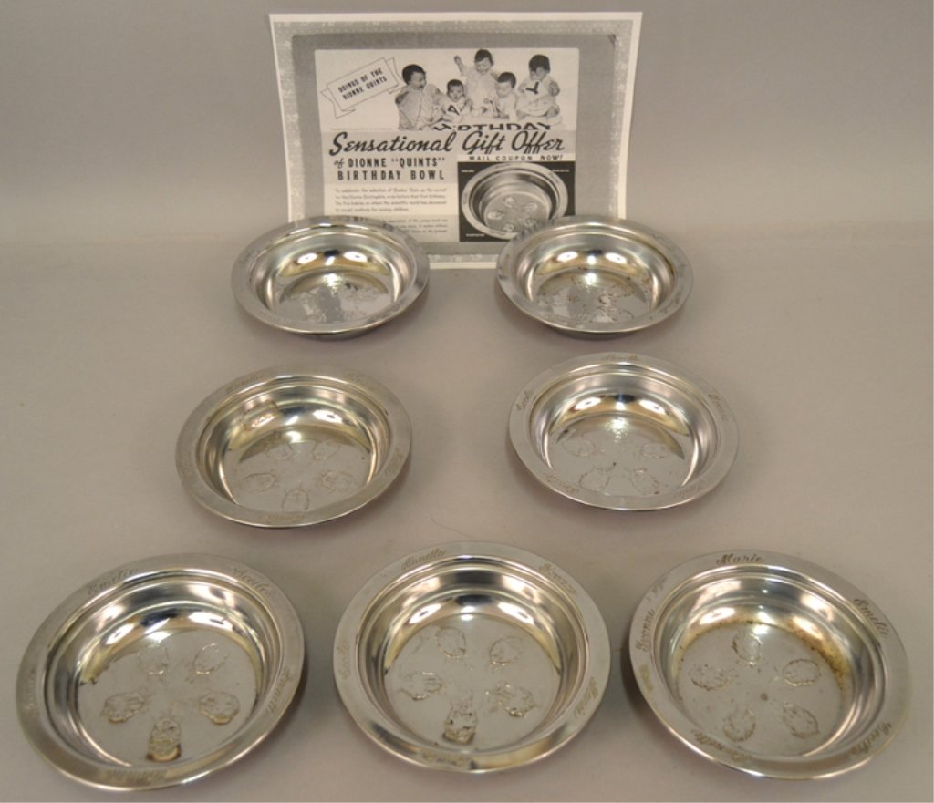 Set of seven 1930's Dionne Quints cereal bowls: Set of seven 1930's Dionne Quints cereal bowls, chrome, Quaker Oats commemorative items for the Quint's first birthday, rims have each of their names, center of bowl has each of their faces, 6" diamet