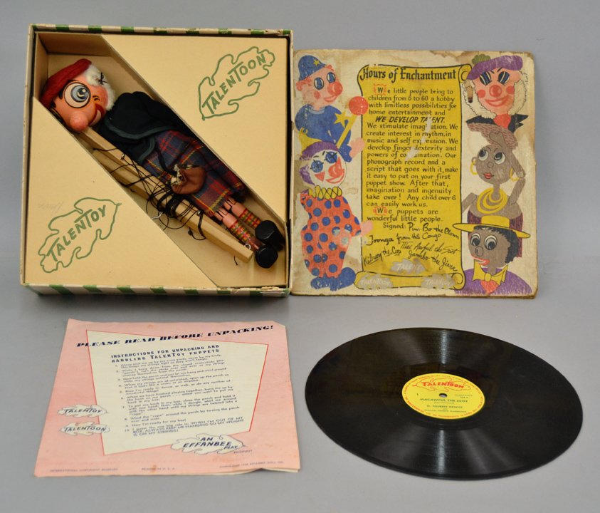 Mint in box 1940-50's Mac Awful the Scot, TalenToy: Mint in box 1940-50's Mac Awful the Scot, TalenToy Puppet, an Effanbee Play Product, 11" puppet, with record, box measures 10 1/2" x 10 1/2" x 3 1/2"