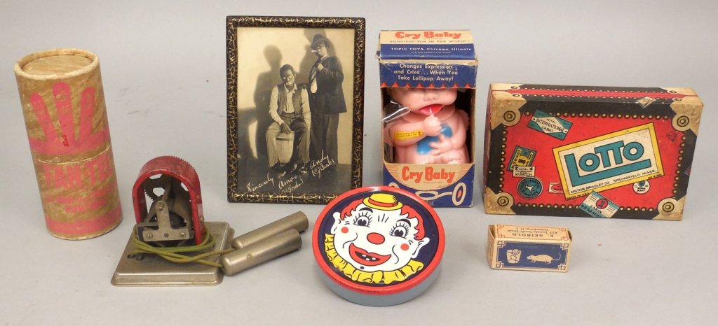 Grouping of vintage toys, including Schoenhut: Grouping of vintage toys, including Schoenhut Fan-Tel, complete with instructions and metal pin in case, ca. 1937, Milton Bradley the Game of Lotto, Kirchhof tin litho noise maker with clown decoratio