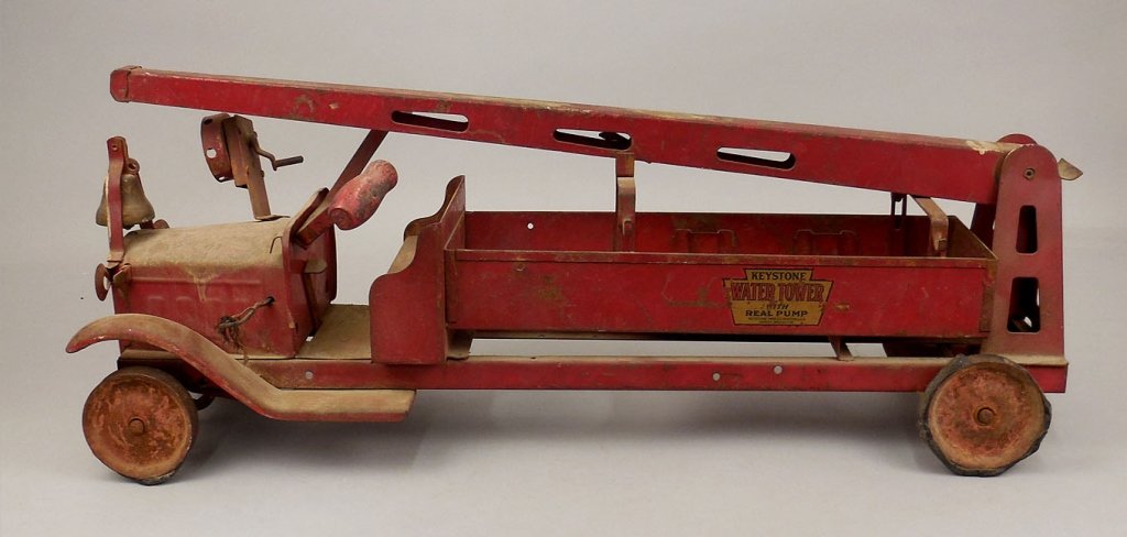 Keystone Water Tower pressed steel truck: Keystone Water Tower pressed steel truck, sit and ride with siren on front, decals on side "Keystone Water Tower with Real Pump by Keystone MFG Co., Boston, USA, Patent Applied For", missing several c