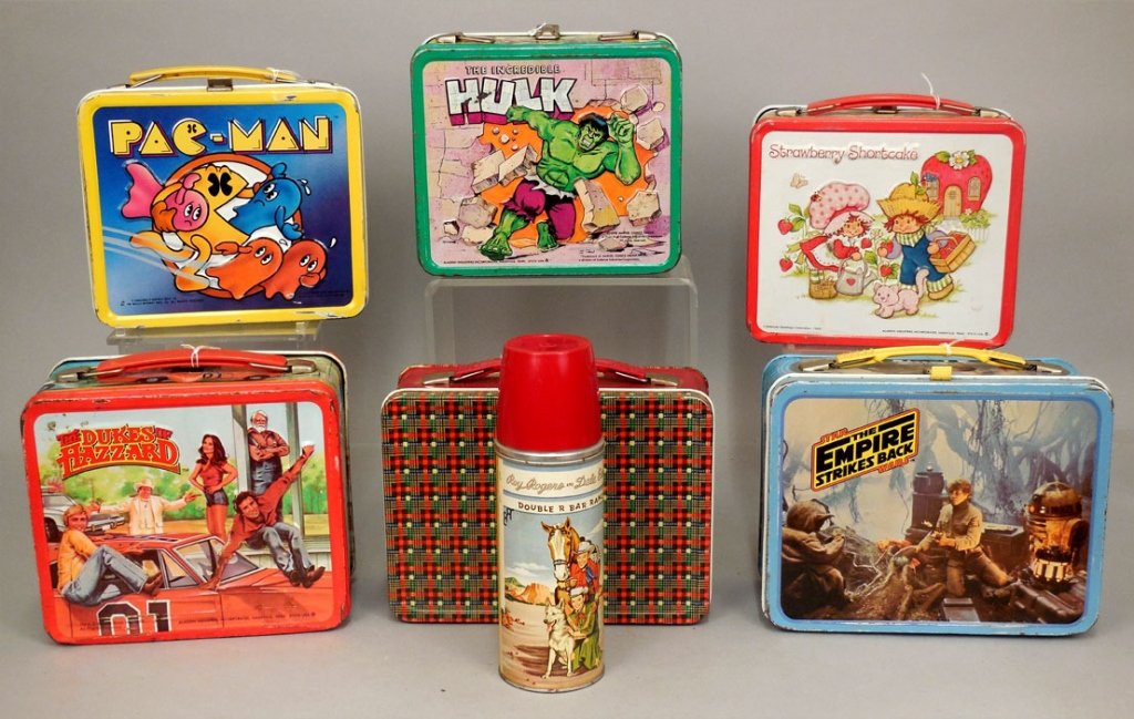 Six vintage metal lunch boxes: Six vintage metal lunch boxes, including Marvel's The Incredible Hulk with Thermos, ca. 1978, The Dukes of Hazzard, ca. 1980, Pac-Man with Thermos, ca. 1980, Star Wars Empire Strike Back with thermos,