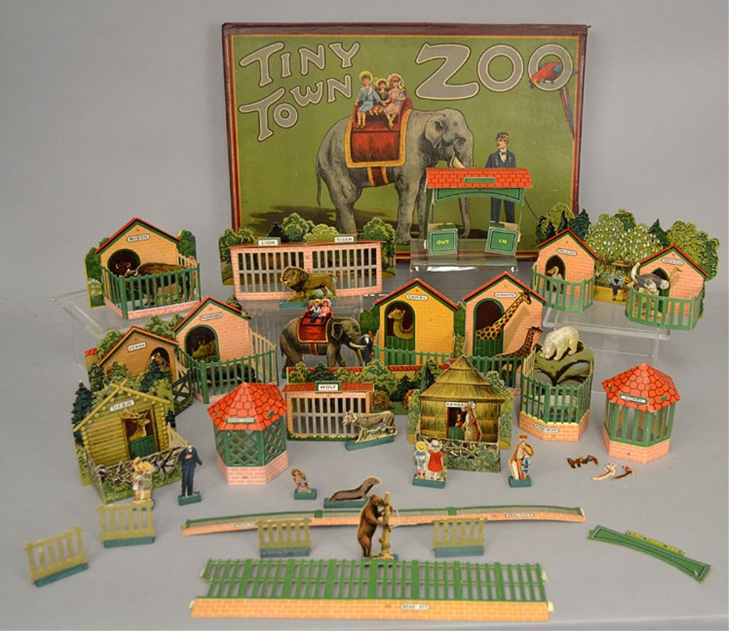 Tiny Town Zoo by J. W. Spear & Sons: Tiny Town Zoo by J.W. Spear & Sons, in original box, with sixteen animals, five figurines, and sixteen buildings, by J. W. Spear & Sons, London, box measures 12 3/8" x 18 3/8" x 1 1/2", set is incompl