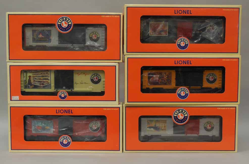 Six Lionel Angela Trotta box cars: Six Lionel Angela Trotta box cars, includes Angela Trotta "High Hopes" Hi-cube box car 6-15091, 2007 Angela Trotta Thomas box car 6-25034, Angela Trotta Thomas "Window Wishing" box car 6-36265, 2008 A