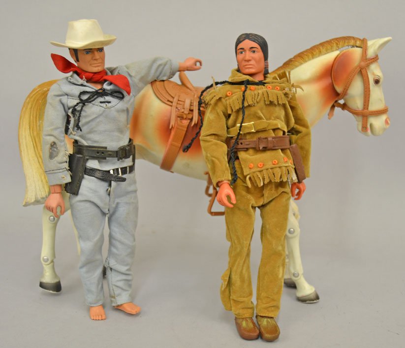 Lone Ranger and Tonto action figures and a horse: Lone Ranger and Tonto action figures and a horse, horse is 11" x 13 1/2"