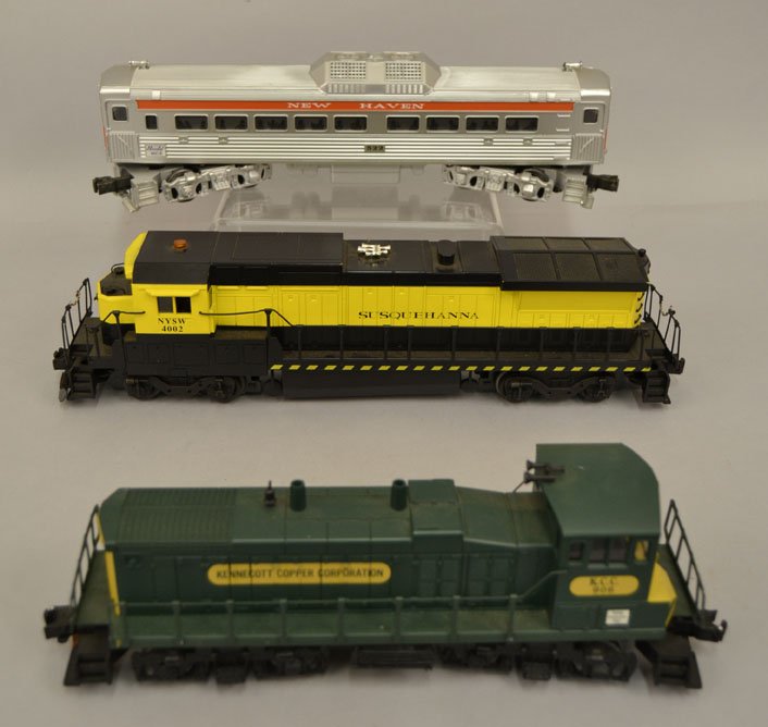 Three diesel engines,: Three diesel engines, including Lionel No. 18211 Susquehanna, NYSW 4002, K-Line K.C.C. 906 Kennecott Copper Corporation, and Williams 522 New Haven, no boxes