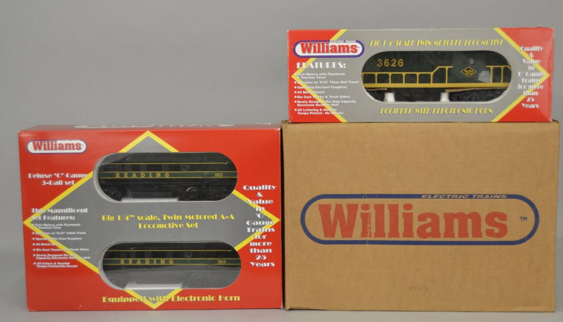 Williams Big 1/4" scale Twin Motored Locomotives sets i: Williams Big 1/4" scale Twin Motored Locomotives sets in original boxes, including F7104 Reading, F-7 Power A with Horn and Dummy A in original boxes, and #317 GP-9 Reading Power A with Horn, Cab #362