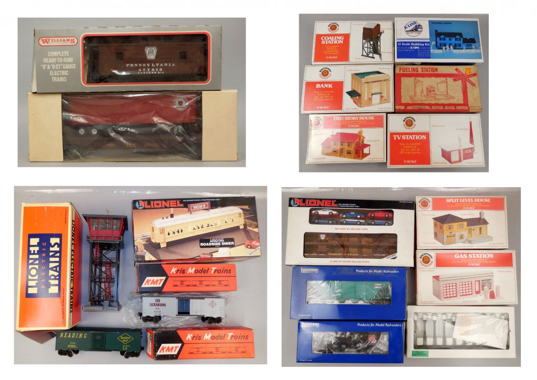 Grouping of O gauge accessories,: Grouping of O gauge accessories, including Lionel No. 6-12878 Illuminated Operating Control Tower, No. 6-12771 Operating Roadside Diner, No. 6-16208 PA Auto Carrier with six die-cast cars, six Bachman