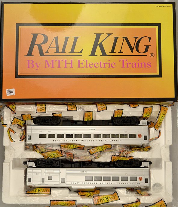 Rail King RDC Budd Car Set in original box,: Rail King RDC Budd Car Set in original box, PRR/Reading with Proto-Sound 2.0, item No. 30-2230-1, box measures 11 7/8"x 20 3/4" x 5"