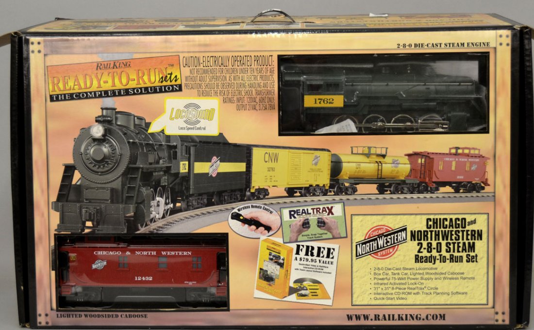 Rail King Chicago and North Western 2-8-0 Steam: Rail King Chicago and North Western 2-8-0 Steam Ready to Run Set in original box, box measures 15" x 26" x 7 1/2"